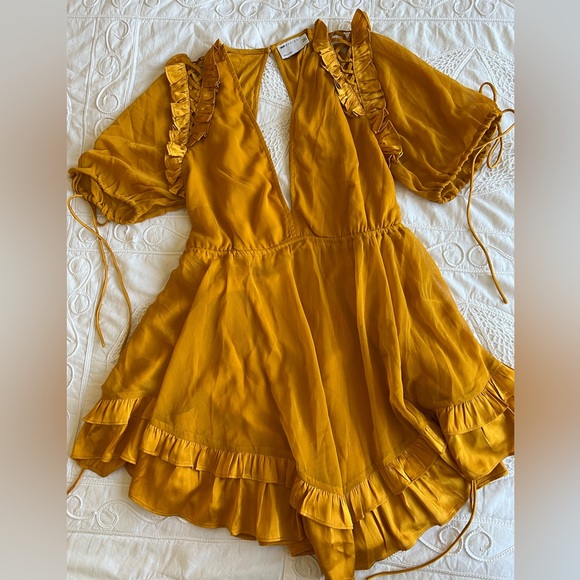 Mustard ASOS DESIGN Mini Dress with Satin Trim Ruffle and Tie Detail - Picture 1 of 7